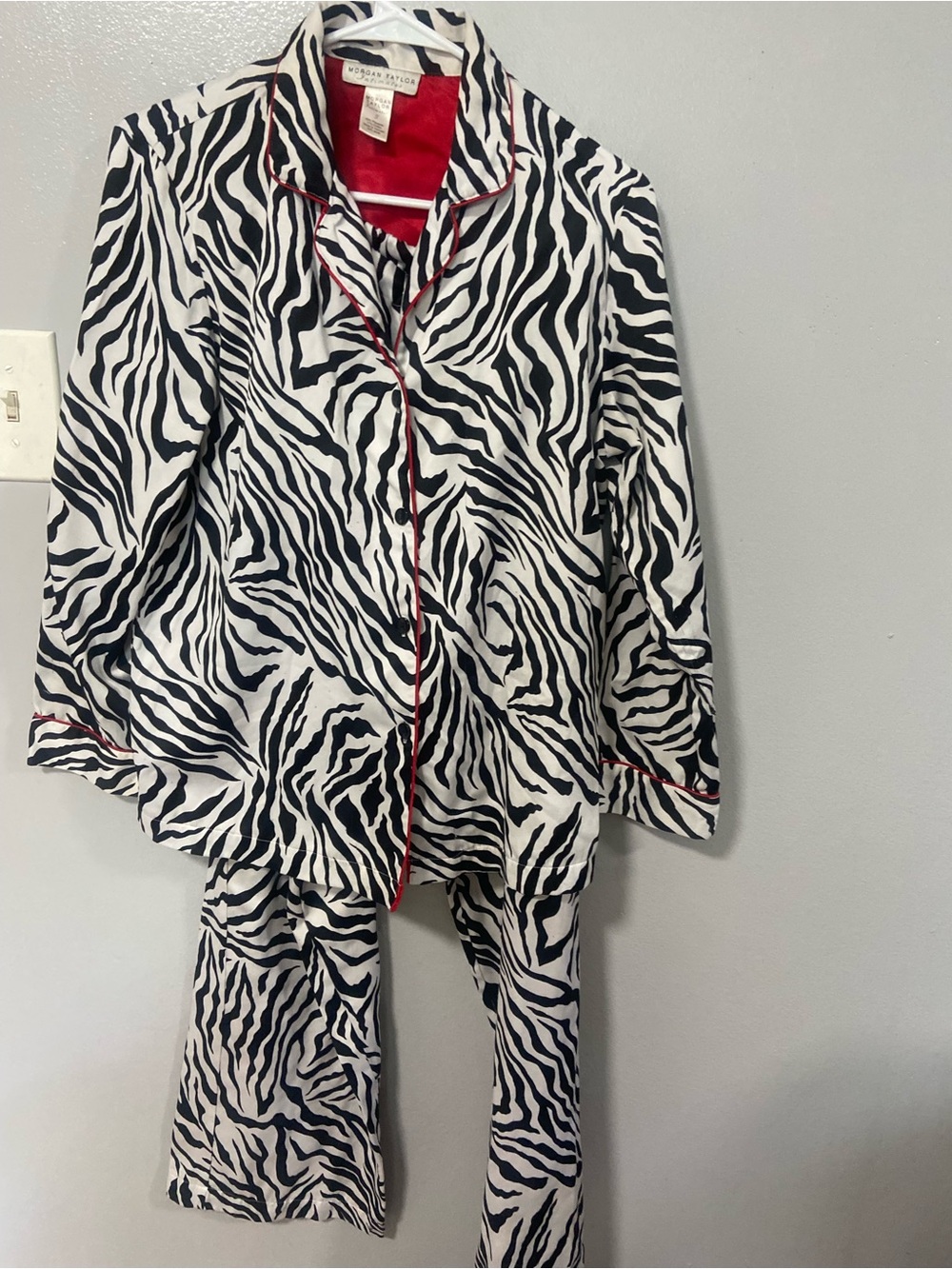 Morgan Taylor Black and White Zebra-Print Pajama Set with Red Trim